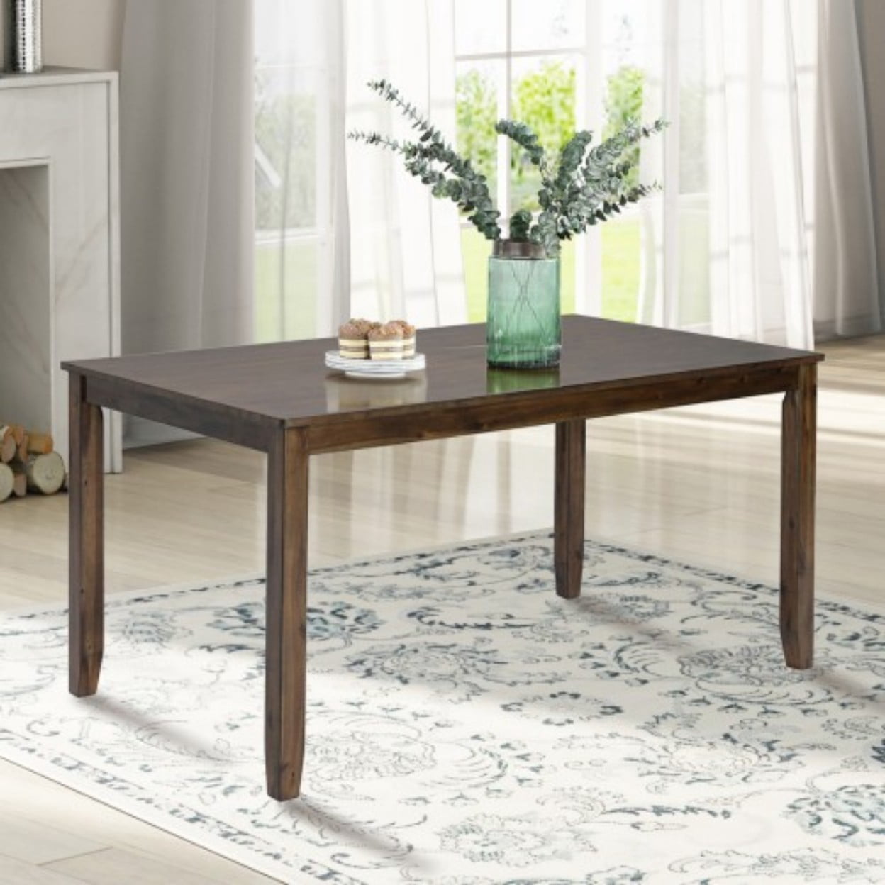 45.5" Rectangular Wood Dining Table for 4, Modern Farmhouse Kitchen Table, Solid Wood Legs, MDF & Birch Veneer Dining Desk for Small Spaces, Walnut