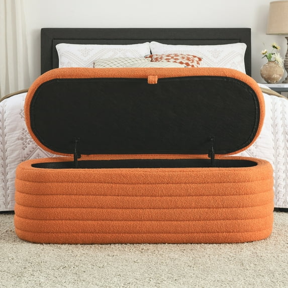 45.5"Storage Ottoman Bench, Upholstered Fabric Storage Bench End of Bed, Sherpa Window Entryway Bench Oval Ottoman with Storage with Safety Hinge for Living Room, Bedroom, Entryway, Orange
