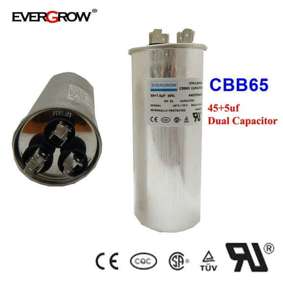 45+5 uF 6% 45/5 MFD 370/440 VAC CBB65 Dual Run Start Round Capacitor for Condenser Straight Cool or Heat Pump Air Conditioner or AC Motor and Fan Starting