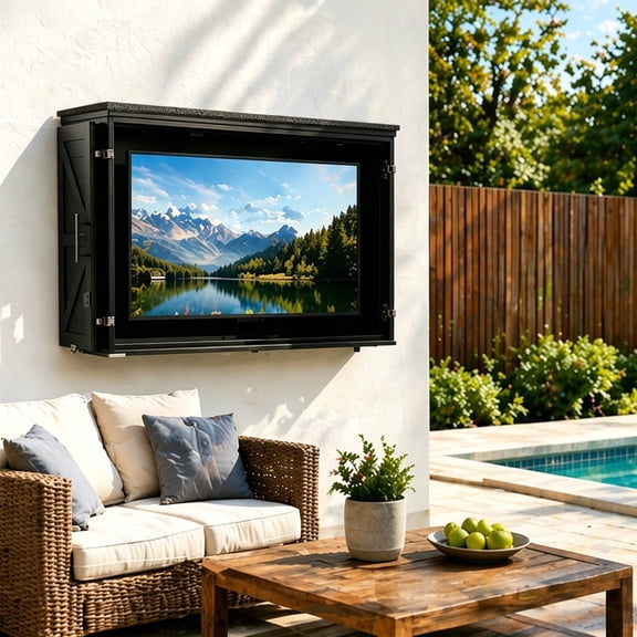 45-55 Inch Solid Wood Outdoor TV Enclosure, Double Doors with Lock, Dual-arm Mount Included, Adjustable TV Wall Mount Bracket Included(Black)