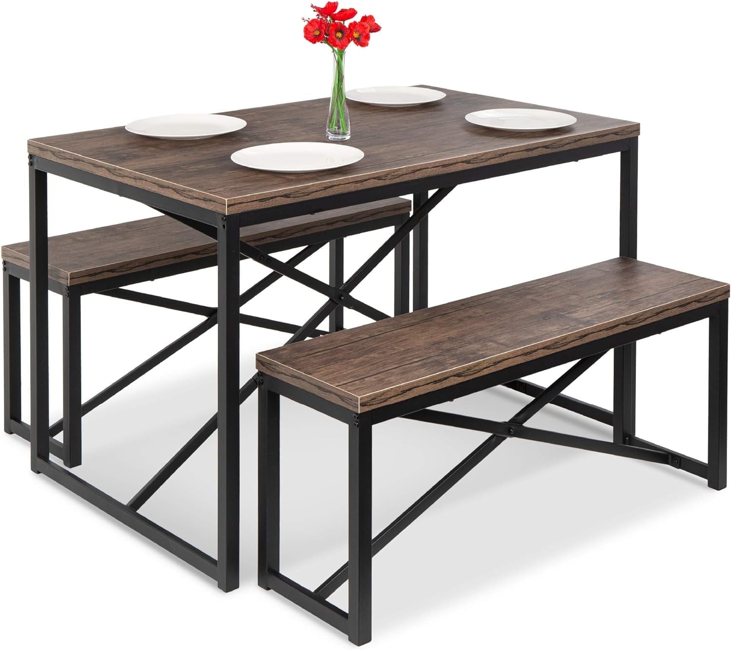 Brown and Black 3-Piece Bench Style Dining Set with MDF Wood