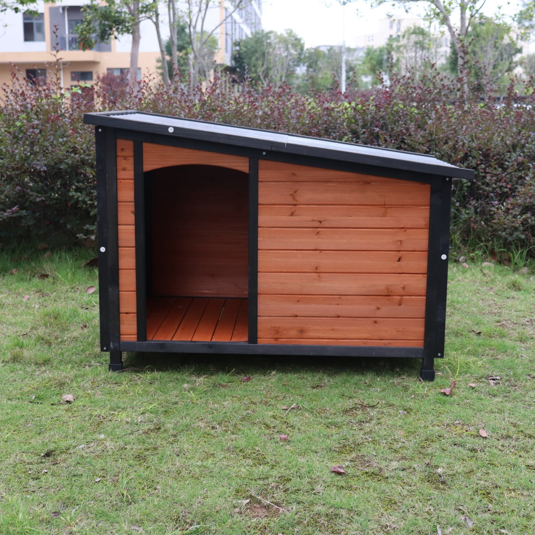 45.6" Dog House Outdoor & Indoor Wooden Dog Kennel for Winter with Raised Feet Weatherproof for Large Dogs PVC Waterproof Roof,Gold Red+Matte Black