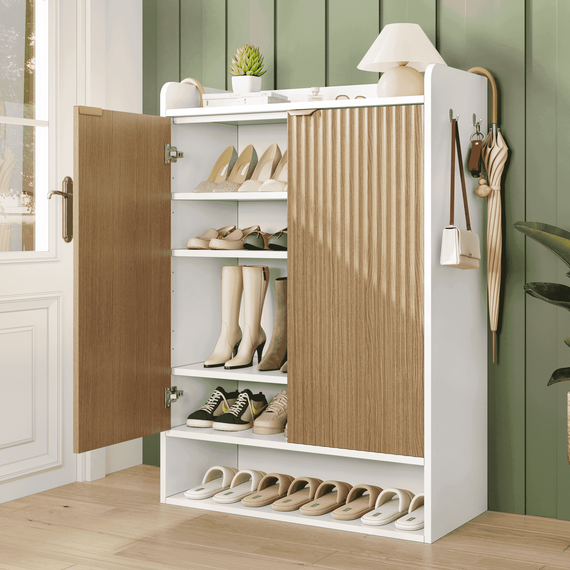 Extra Wide Shoe Storage Cabinet, 20 Pairs Shoe Organizer Cabinet with 2 hooks, Shoe Cabinet for Enterway