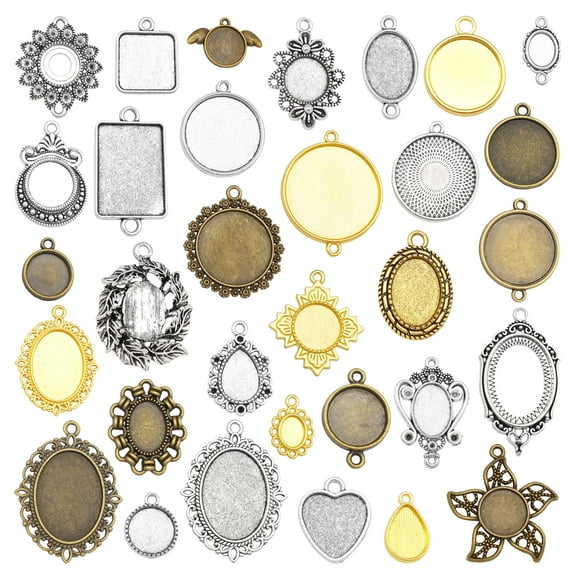 45-60pcs 10-45mm Alloy Base Setting Pendant, Cameo Round&Square Bezel Blank Tray For Jewelry Making Photo Display