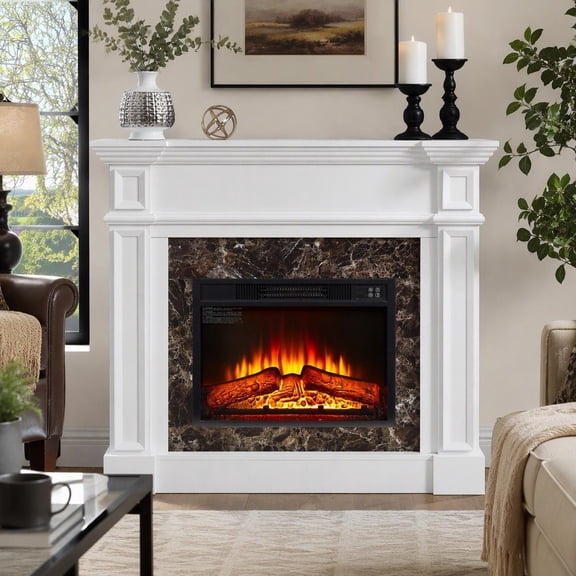 45.66 in Electric Fireplace with Mantel Freestanding Heater Stacked Stone Surround Remote Control Timer LED Flame White MDF