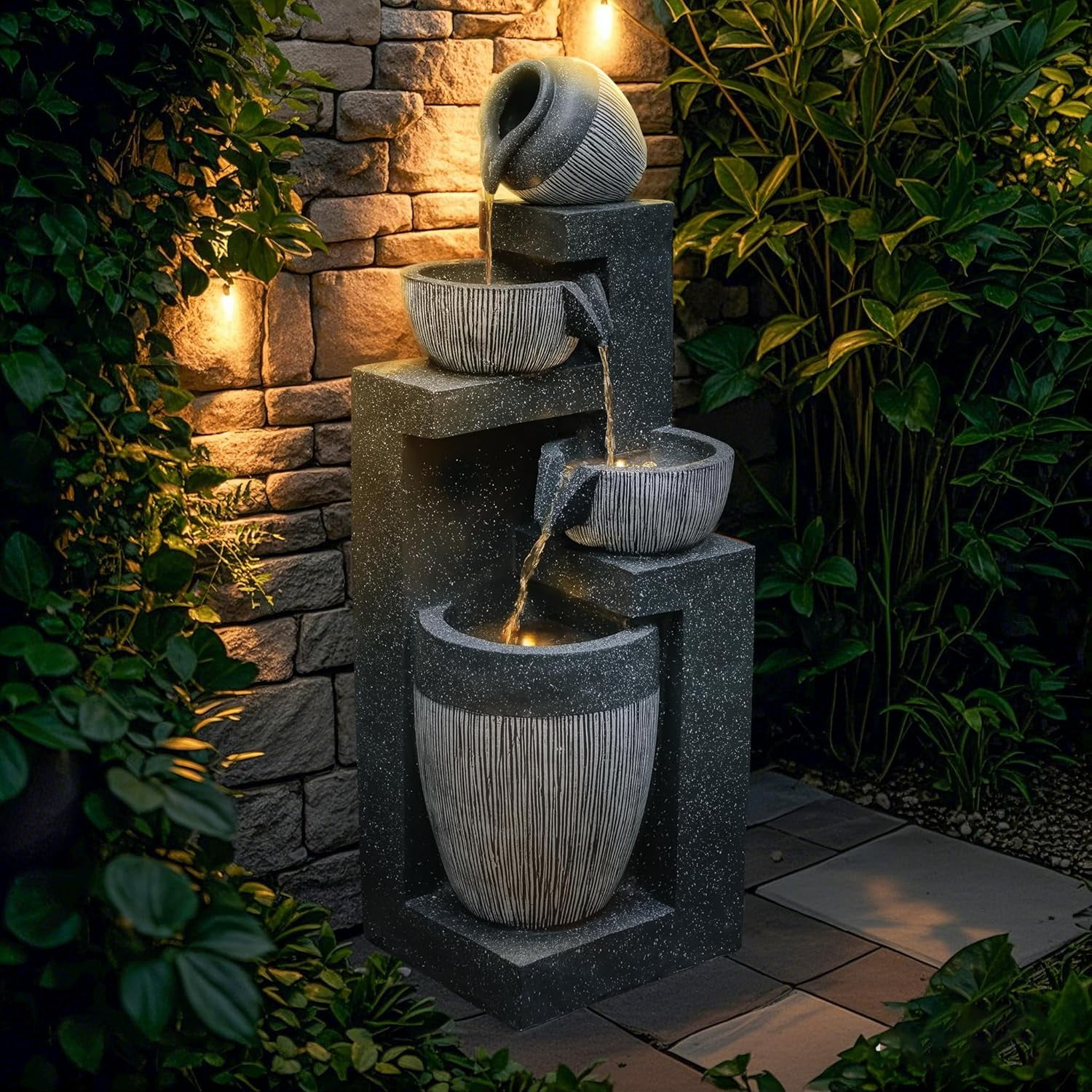 45.67” H Outdoor Garden Water Fountain, 4-Tiers Modern Cascading Bowls ...