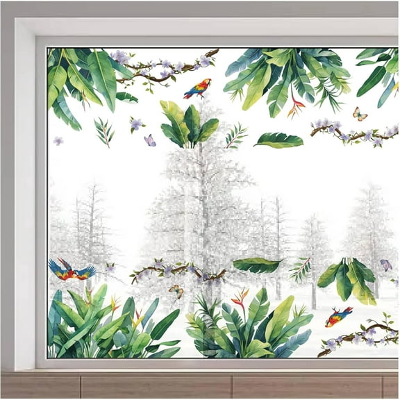 45.6x11.8 Inch Large Green Leaf Window Clings Tropical Leaves Window Stickers Summer Plant Window Decal Rectangle Removable Reusable Window Decoration for Sliding Door Glass Room Decoration