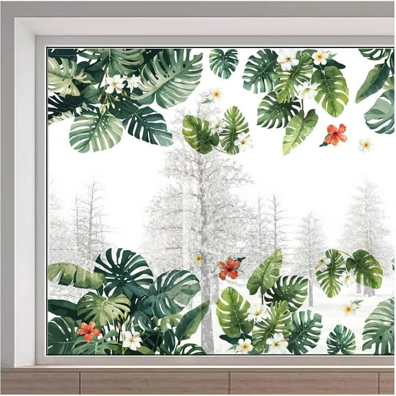 45.6x11.8 Inch Large Tropical Plant Window Clings Green Leaf Window Stickers Spring Summer Leaves Flower Window Decal Removable Reusable Window Decoration Sliding Door Glass Room Decor Mixed Color