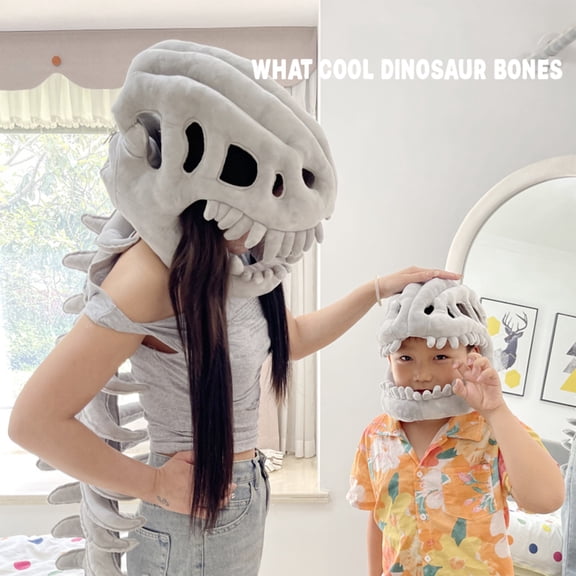 45.7 Inch Dinosaur Skeleton Costume Hood Adult Dino Skull Mask with Sound, Plush Spinosaurus Headwear Bone Hat for Men Women Halloween Dress Up and Theme Party,C 1PC