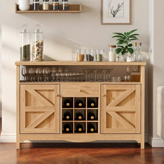 ANHDAH Home Wine Bar Cabinet, Wood Buffet Storage Cabinet, 45.7” Wine Cabinet with 9 Wine cubes & 2 Doors for Kitchen, Living and Dining Room, Natural Oak