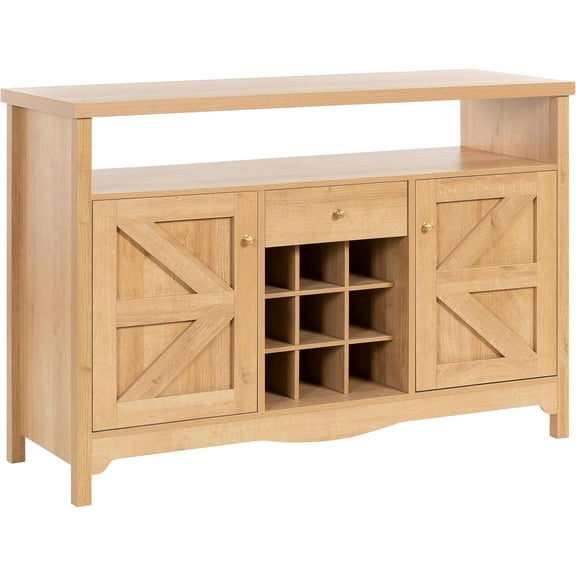 45.7” Wine Cabinet，Farmhouse Home Coffee Bar Sideboard Buffet Cabinet Liquor Storage with 9 Wine Racks & 2 Doors for Kitchen, Living and Dining Room (1, Natural)