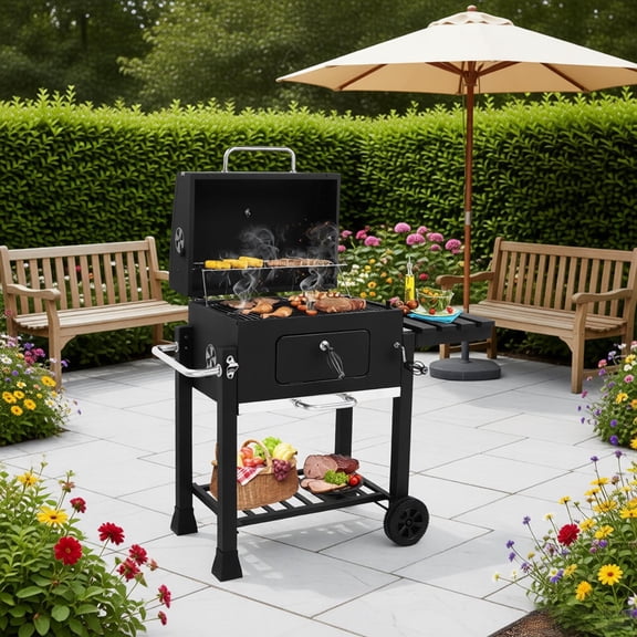 45.7in Heavy Duty Charcoal Grill with Foldable Side Table Wheels Large Cooking Area Warming Rack in Thermometer Front Charcoal Door Hooks Bottom Shelf for Outdoor Patio Backyard BBQ
