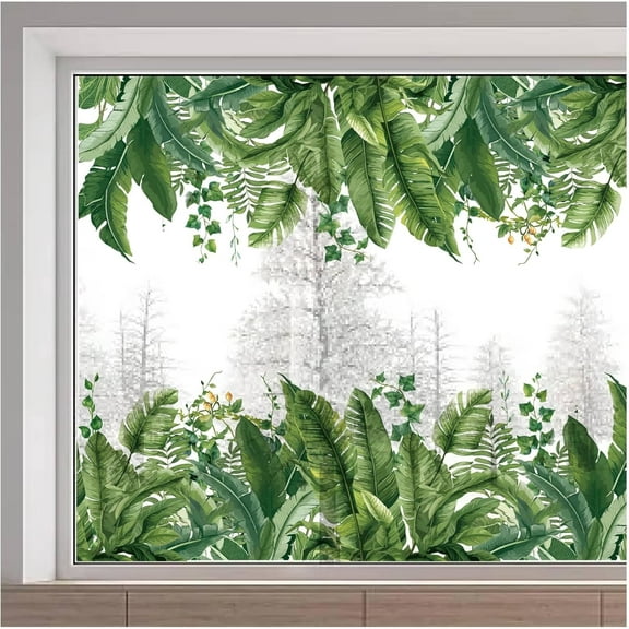45.7x15 Inch Large Tropical Leaf Window Decals Green Plants Window Clings Reusable Static Window Sticker Non Adhesive Double-Sided Glass Film
