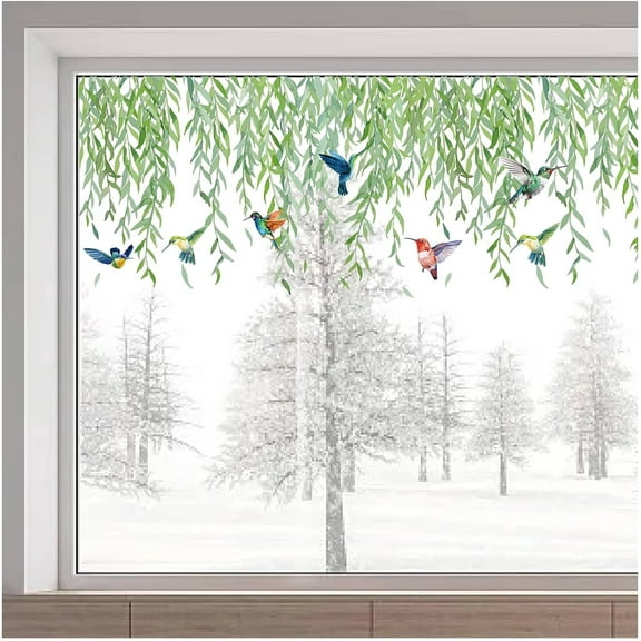 45.7x15 Inch Large Wicker Window Decals Non Adhesive Double Sided Transparent Static Window Stickers Green Leaves Hanging Vine Hummingbird Window Clings