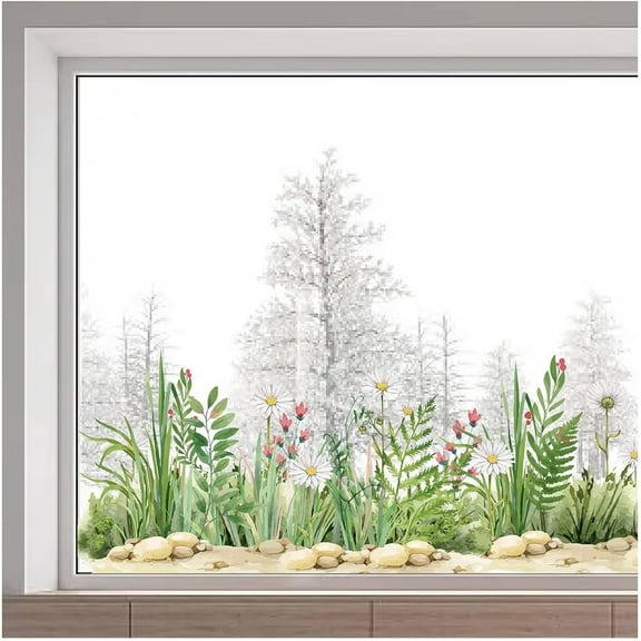 45.7x15 Inch Non Adhesive Daisy Floral Leaves Window Decals Large Green Grass Flower Window Clings Reusable Double-Sided Static Window Sticker for Summer Autumn Glass Sliding Door for DIY