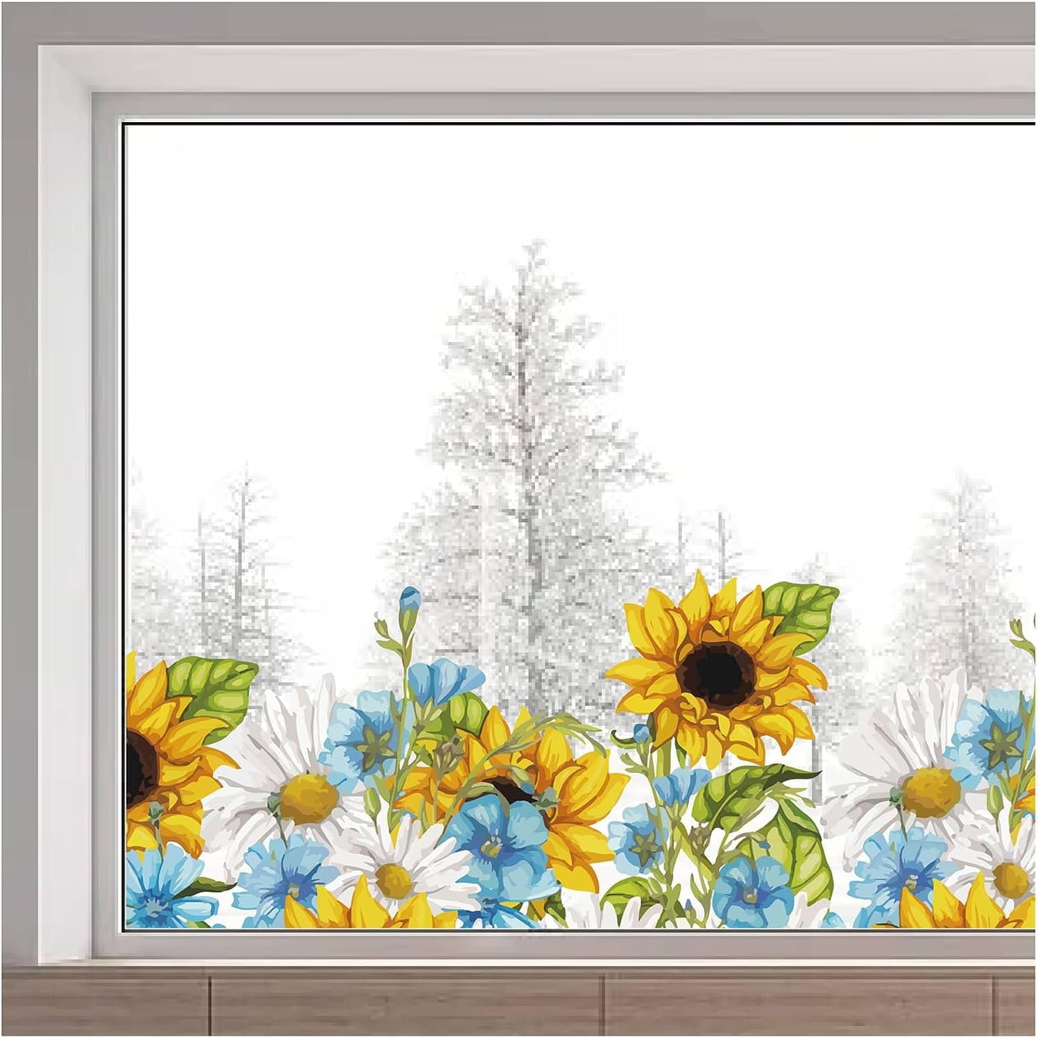 45.7x15 Inch Reusable Static Window Decals Large Sunflower Window Sticker Daisy Summer Floral Leaf Window Clings Non for Glass Sliding Door Decor