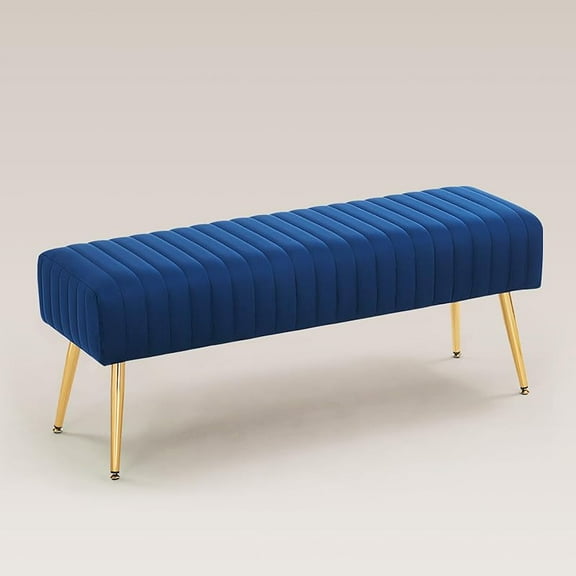45" Bedroom Bench End of Bed, Soft Blue Velvet Bench with Gold Legs, Upholstered Ottoman Bed Bench for Bedroom, Living Room, Entryway, Small Entryway Bench (Velvet-Blue)