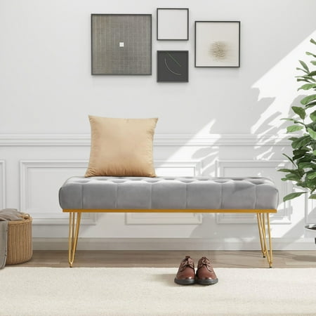 45" Bench for Bedroom, Velvet Upholstered Bench Modern Ottoman End of Bed with Metal Legs for Living Room, Entryway, Hallway