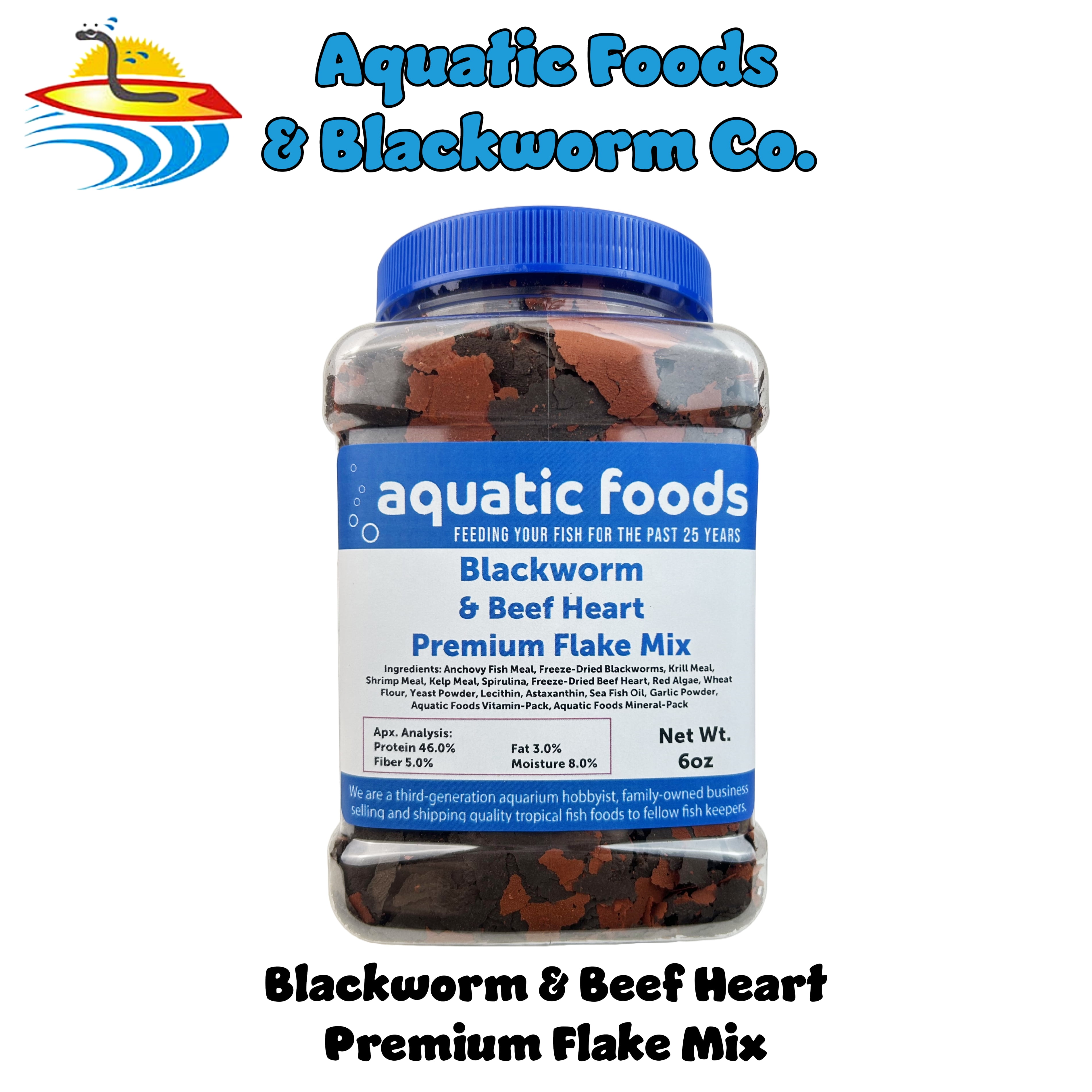 45% Blackworm Flake & Beef Heart Flake Mix for Discus, Cichlids, All Tropical Fish. Aquatic Foods Premium Flakes6oz Med Jar