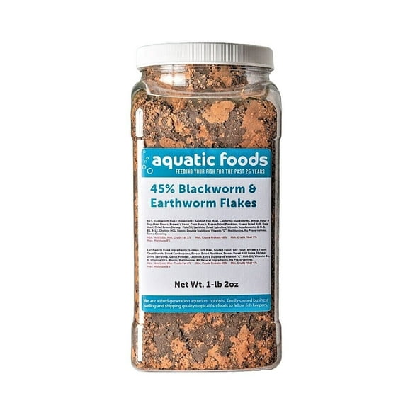 45% Blackworm Flake & Earthworm Flake Mix for Discus, Cichlids, All Tropical Fish. Aquatic Foods Premiun Flakes…1-lb 2oz Lg Jar