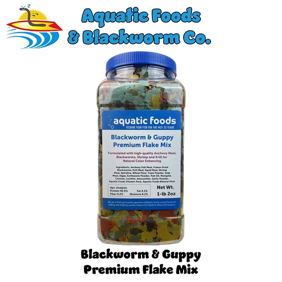 45% Blackworm & Guppy Premium Flakes for Guppies and All Community Tropical Fish. Aquatic Foods Flakes 1-lb 2oz Lg Jar