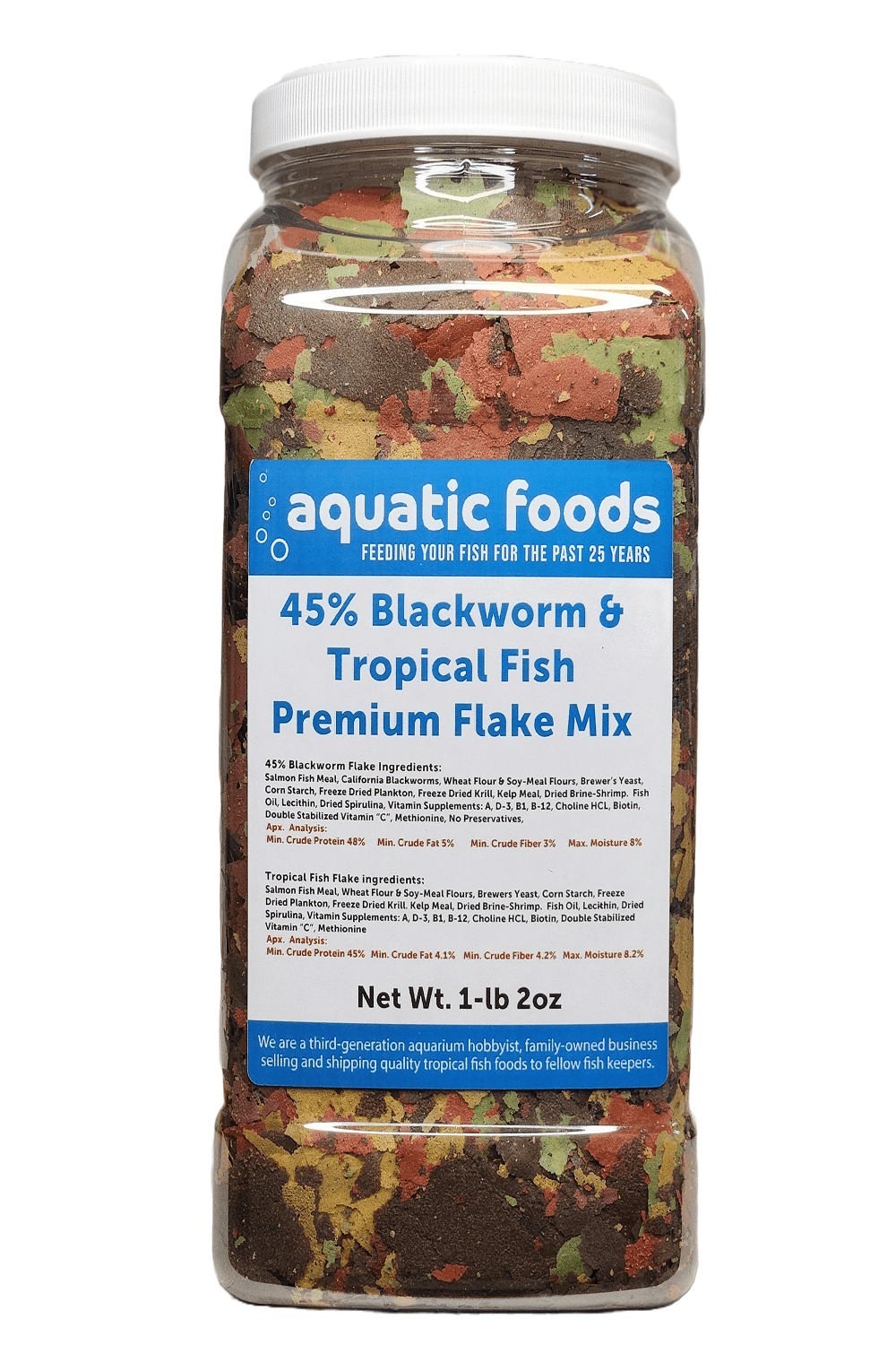 Aquatic Foods Inc. Flakes - 45% California Blackworm & Plankton/Krill/Spirulina Flake Mix For Discus, Cichlids, Tetras, Guppies, Live