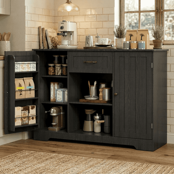 45" Coffee Bar Cabinet, Buffet Sideboard with Shelves & Countertop, Storage for Kitchen & Living Room, Black