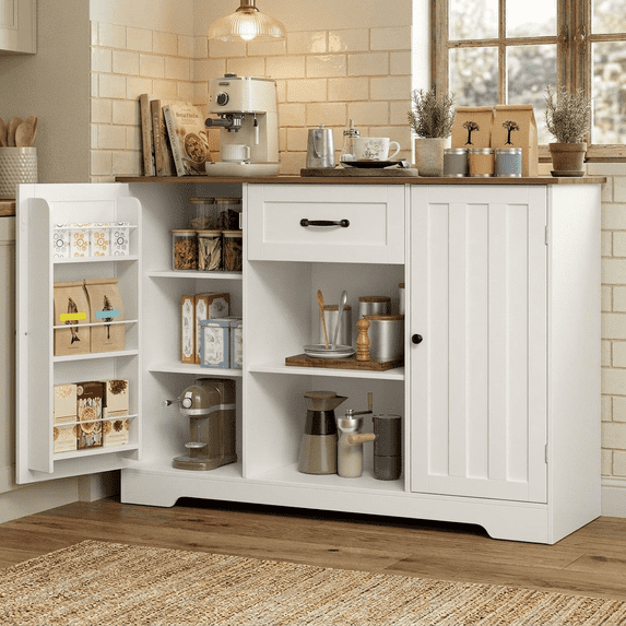 45" Coffee Bar Cabinet, Buffet Sideboard with Shelves & Countertop, Storage for Kitchen & Living Room, White and Retro