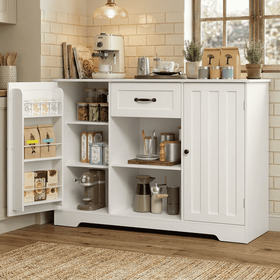45" Coffee Bar Cabinet, Buffet Sideboard with Shelves & Countertop, Storage for Kitchen & Living Room, White
