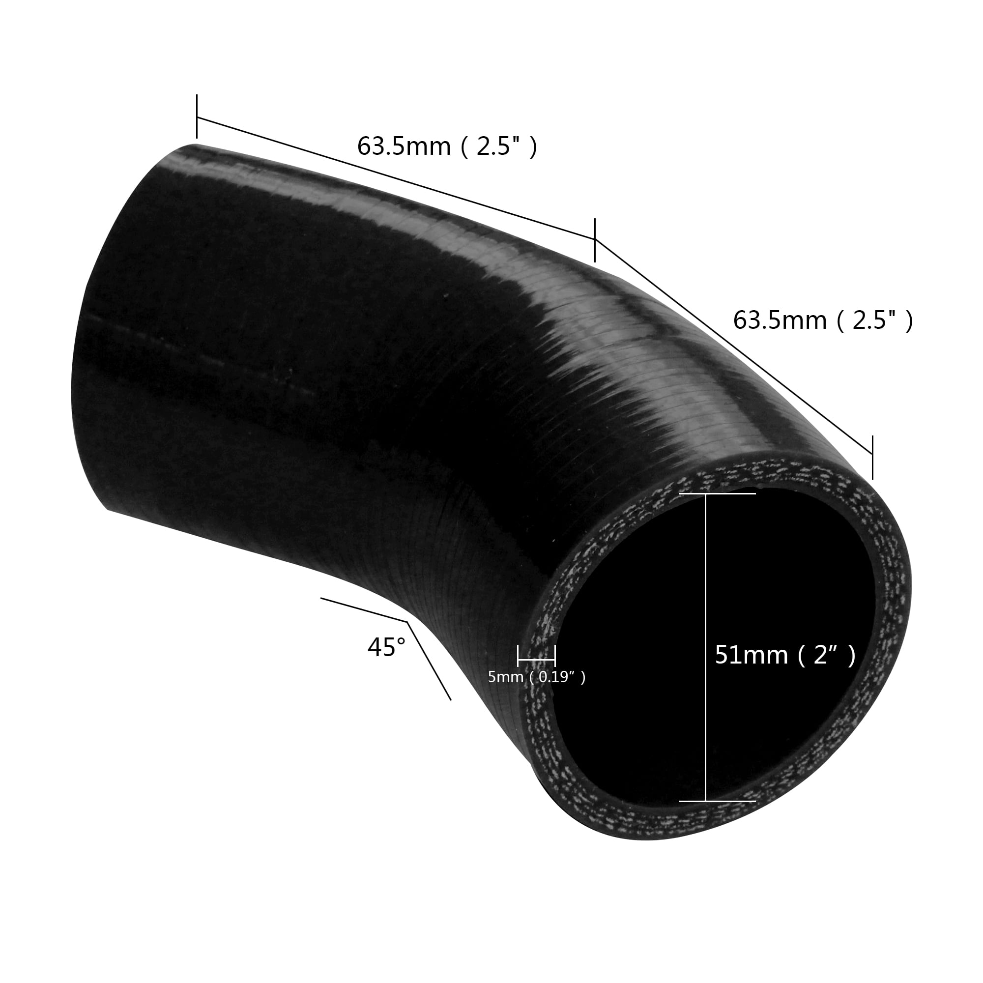 45 Degree ID 51mm 2" Diameter 2.5" One Leg 5mm Thick 4-Ply Elbow Coupler Hose