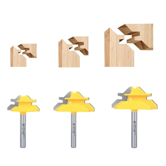 45 Degree Lock Miter Router Bit 3-Piece Set, for 1/2, 5/8, 3/4 Cutting Height.1/4 Inch Shank.Woodworking Tools Joint Router Bits Easy to Create Lock Miter Joint