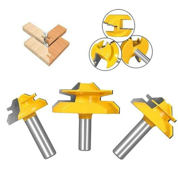 45 Degree Lock Miter Router Bit 3-Piece Set, for 1/2, 5/8, 3/4 Cutting Height, 1/4 Inch Shank. Easy to Create Lock Miter Joint