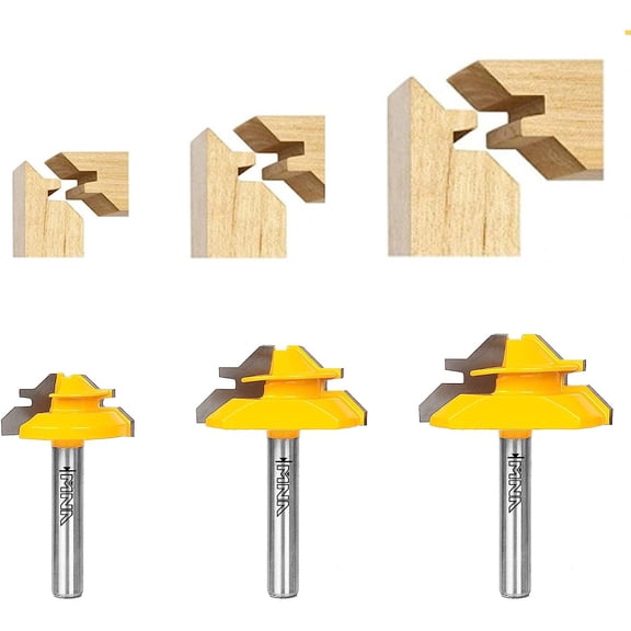 45 Degree Lock Miter Router Bit 3-piece Set, for 1/2, 5/8, 3/4 Cutting Height, 1/4 Inch Shank. Easy to Create Lock Miter Joint