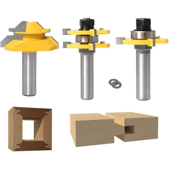 45 Degree Lock Miter Router Bit + Tongue Drill Bit + Slotting Cutter, Woodworking Milling Cutter for Carpentry Tools (1/2''(12.7Mm))