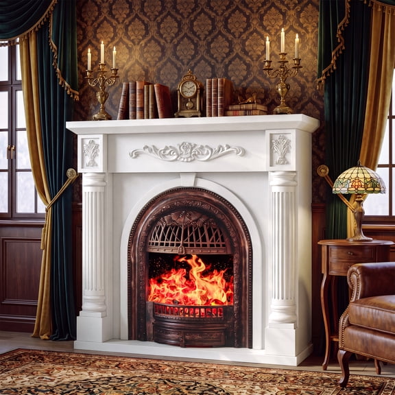 45" Electric Fireplace with Mantel, Solid Wood Electric Fireplace TV Stand with Roman Column, Electric Fireplace Heater with 30'' Bronze Birdcage Insert for Living Room, Bedroom, White