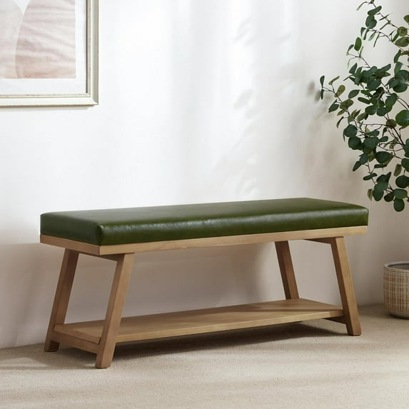 45" Entryway Bench Upholstered Storage Bench for Bedroom Shoe Rack Bench for Living Room, Hallway, Mudroom, Balcony, Sturdy Indoor Bench Seat Holds Up to 300 lbs (PU-Green)