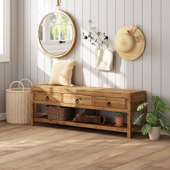 45" Farmhouse Reclaimed Wood Storage Bench, Narrow Entryway Bench with 3 Drawers for Hallway