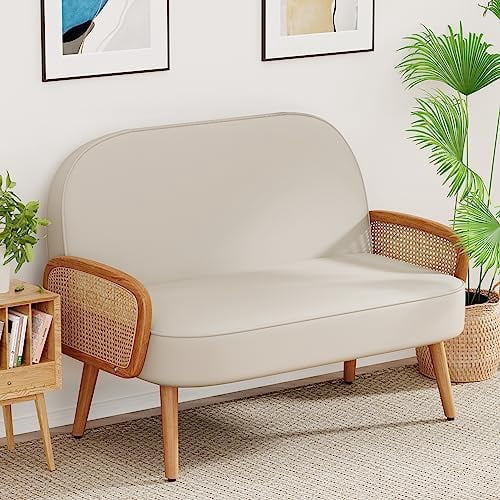 45" Faux Leather Small loveseat with Natural Rattan Arms,Upholstered ...