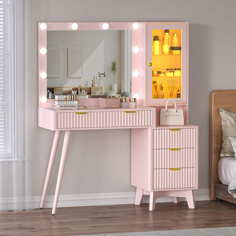 45” Fluted Makeup Vanity Desk with Mirror and Lights, Glass Top