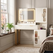 42" Fluted Vanity Desk with Mirror & Lights, Makeup Vanity with Storage Drawer & Glass Cabinet, 3 LED Light Modes, Power Outlet for Bedroom