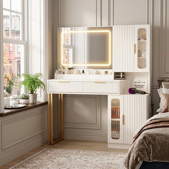 42" Fluted Vanity Desk with Mirror & Lights, Makeup Vanity with Storage Drawer & Glass Cabinet, 3 LED Light Modes, Power Outlet for Bedroom