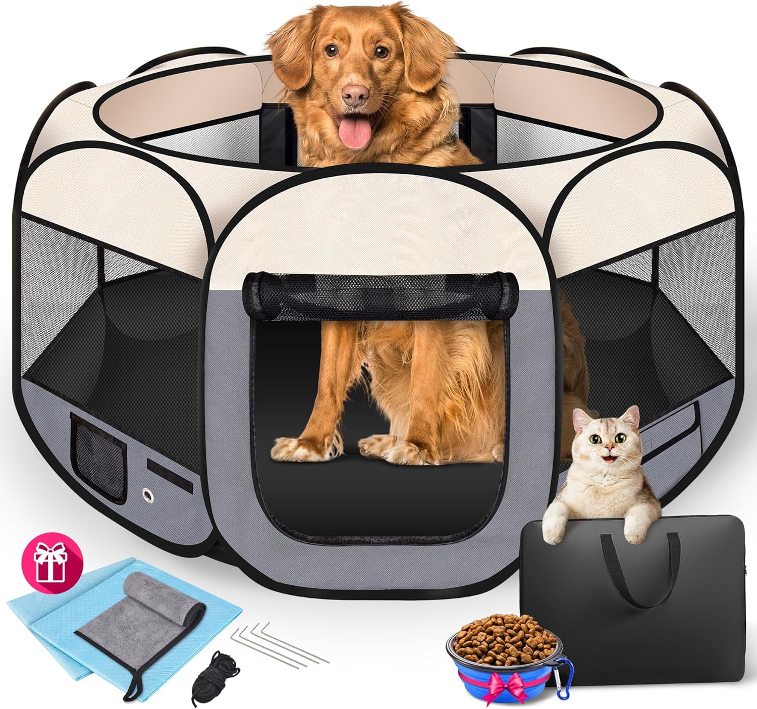 One For Pets Fabric Portable Indoor/Outdoor Pet Playpen - Small 36"x36"x19.5", Fuchsia/Grey