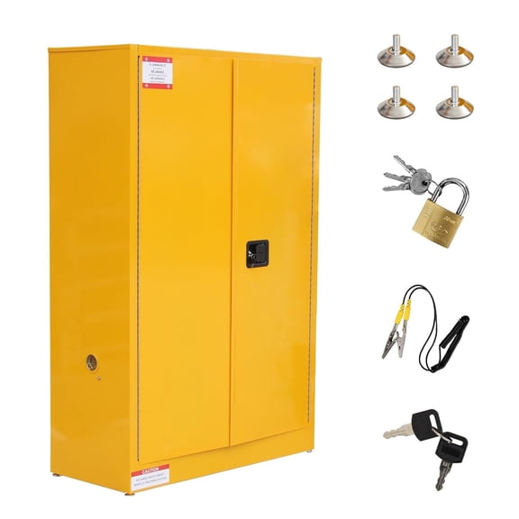 45 Gal Flammable Safety Cabinet, 43" x 18" x 65" Galvanized Steel Flammable Liquid Storage Cabinet with 2 Adjustable Shelves 2 Manual Doors for Industrial Use, Yellow