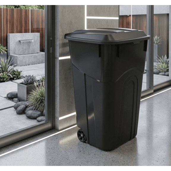 45 Gallon/180 Quart/170.3 L Rollout Trash Can with Lid and Wheels, 180 Quart Outdoor Heavy-Duty Garbage Container, Large Mobile Waste Bin for Kitchen, Backyard, and Commercial Use, Black