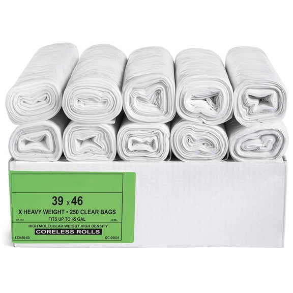 45 Gallon Clear Trash Bags (250 Count) - 39' x 46' - 16 Micron Equivalent High Density Value Garbage Bags Can Liners for Bathroom, Office