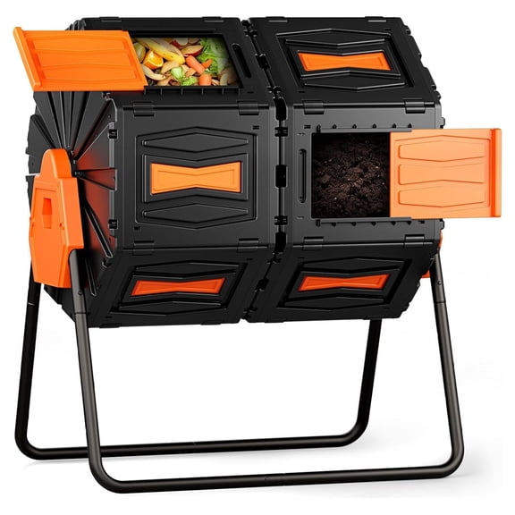 45 Gallon Dual Chamber Compost Bin, Rotating Composter for Garden Yard Kitchen Waste Orange Door