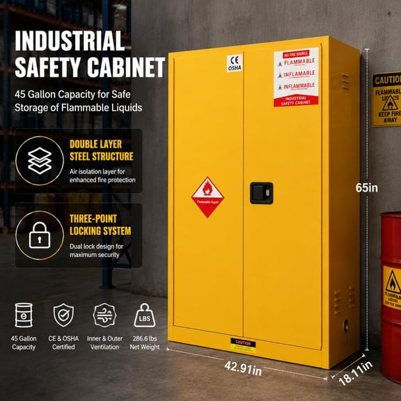 45 Gallon Flammable Liquid Storage Cabinet, 65 x 42.91 x 18.11 Inch Fully Welded Steel Industry Locker with Air Isolation Layer and Double Lock Design for Gasoline Alcohol Glue Storage