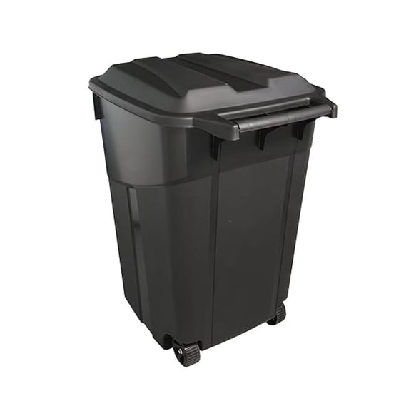 45 Gallon Heavy Duty Plastic Garbage Cans Trash Cans Rubbish Bin with Attached Lid 2 Built in Rugged Wheels Easy Grip Handle Click Lock Lid Design Perfect for Both Indoor Or Outdoor Use
