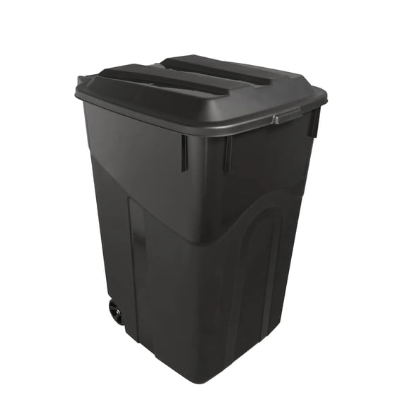 45-Gallon Heavy-Duty Plastic Trash Can with Attached Lid and Wheels, Black