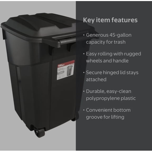45 Gallon Heavy-Duty Plastic Wheeled Outdoor Garbage Can with Lid, Black